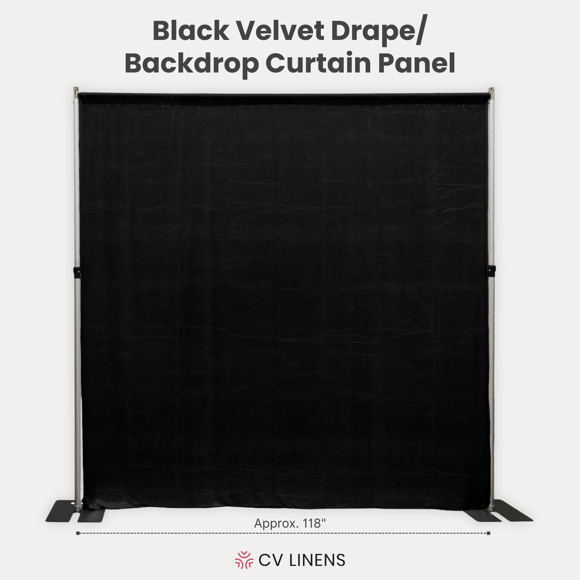 Velvet 16ft H x 118 W DrapeBackdrop Curtain Panel Black infographic showing drape stretch to full width