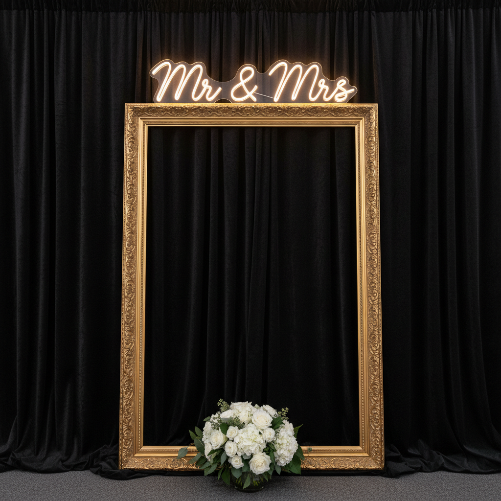 Velvet 18ft H x 52" W Drape/Backdrop Curtain Panel - Black on a photo booth setting with gold picture frame and mr&mrs neon sign on top