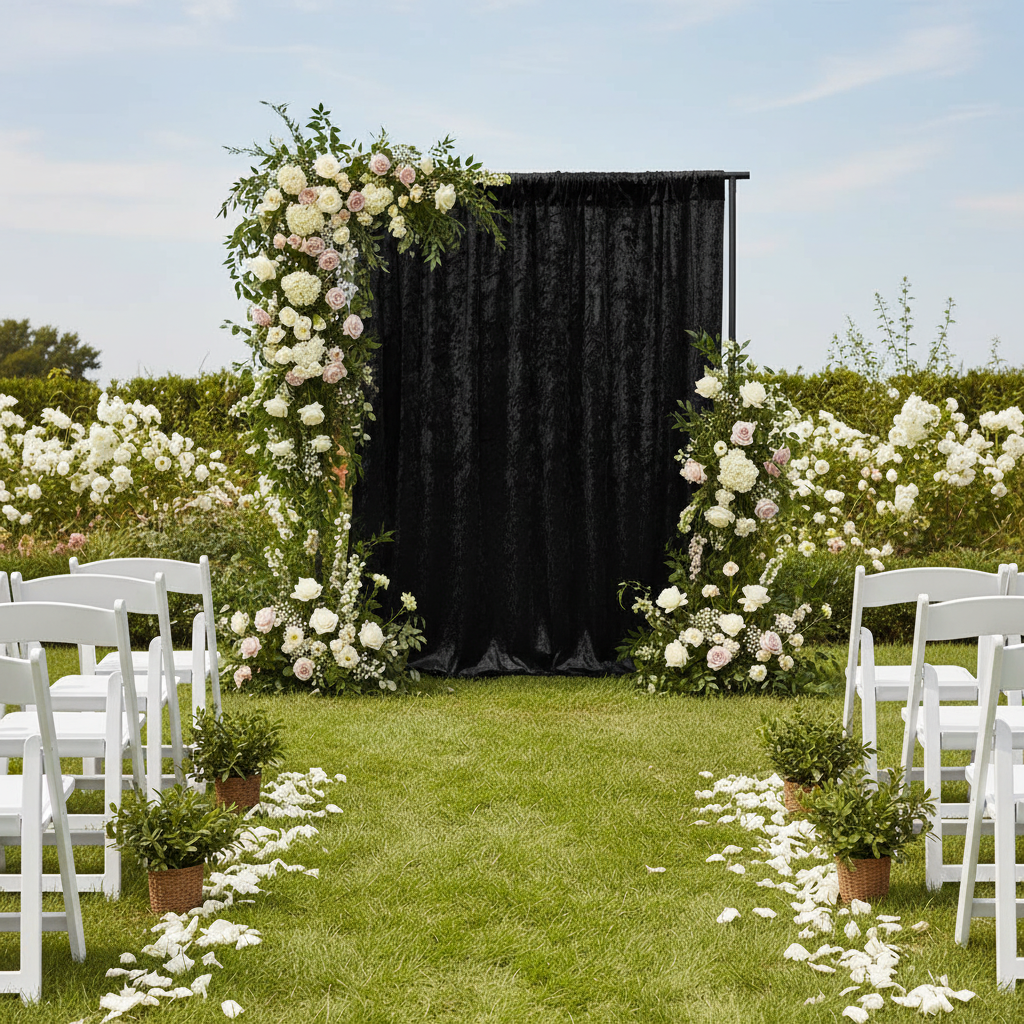 Velvet 18ft H x 52" W Drape/Backdrop Curtain Panel - Black with pink and ivory premade floral runners on a garden wedding reception