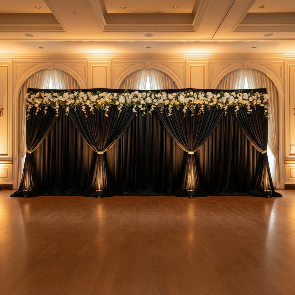 Velvet 18ft H x 52" W Drape/Backdrop Curtain Panel - Black with white premade floral runner on top and sash ties for wide shot angle of wedding reception