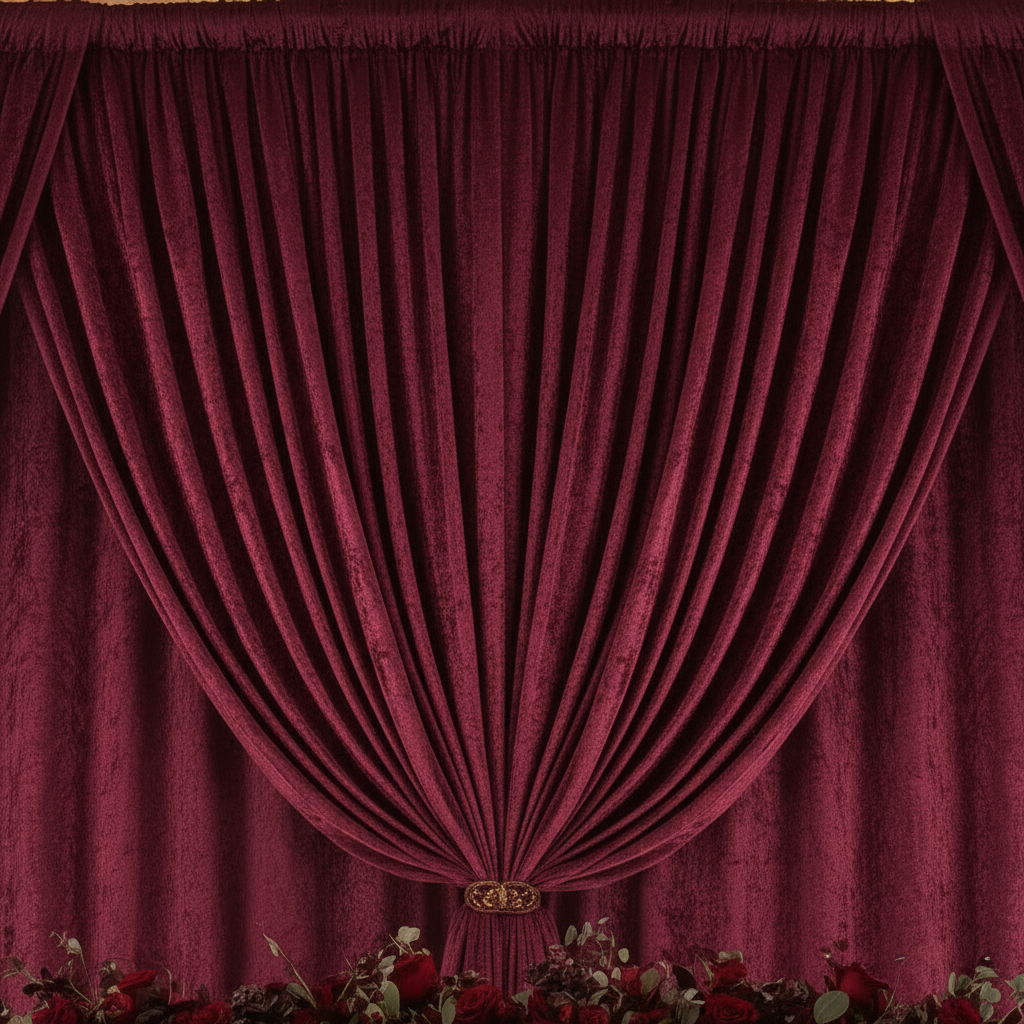 Velvet 18ft H x 52" W Drape/Backdrop Curtain Panel - Burgundy close up detail for wedding reception