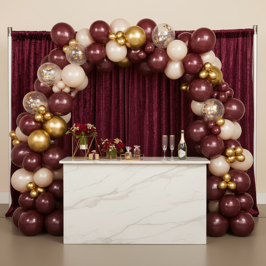 Velvet 18ft H x 52" W Drape/Backdrop Curtain Panel - Burgundy with ivory, gold and burgundy balloon arch for birthday table setting