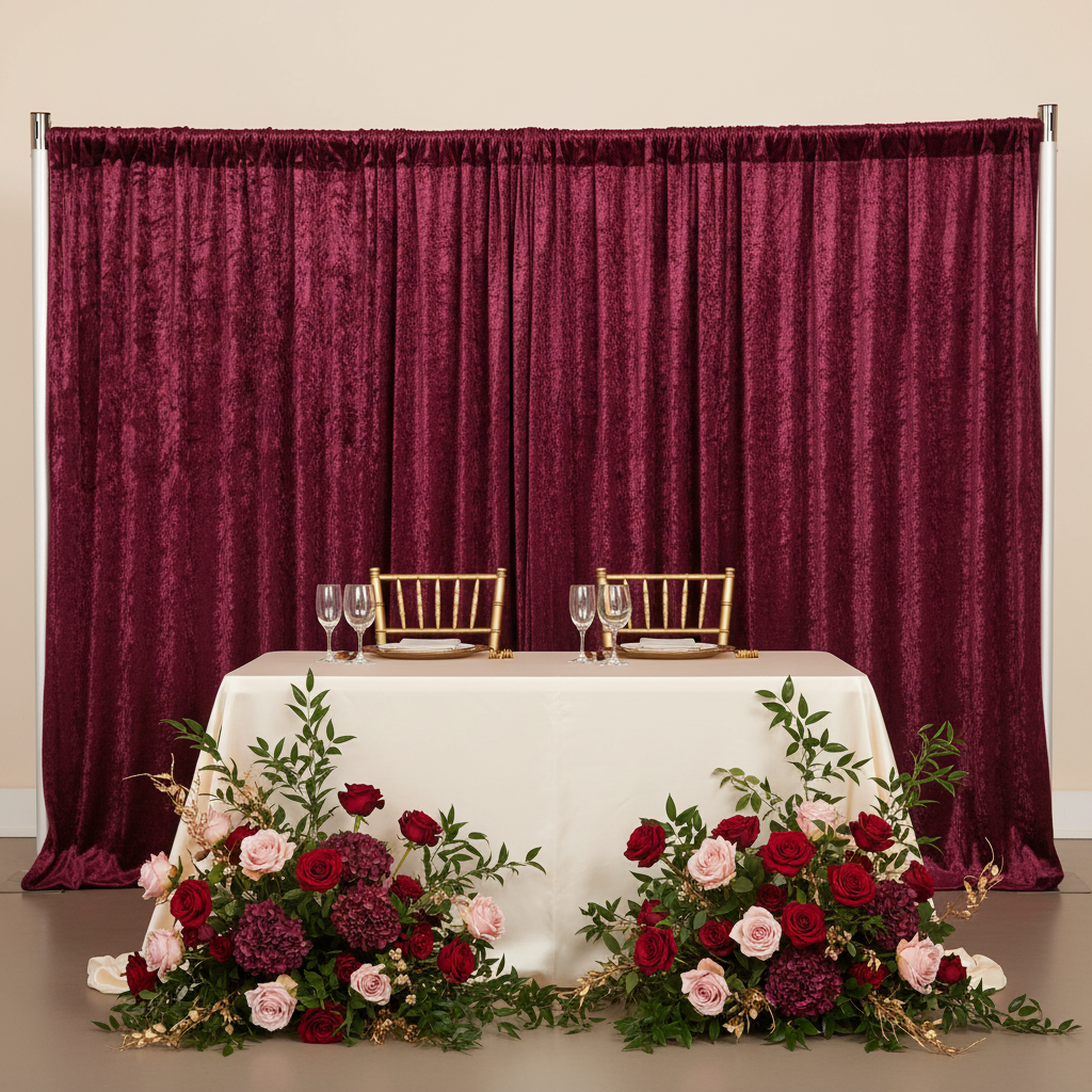 Velvet 18ft H x 52" W Drape/Backdrop Curtain Panel - Burgundy for sweetheart table reception 