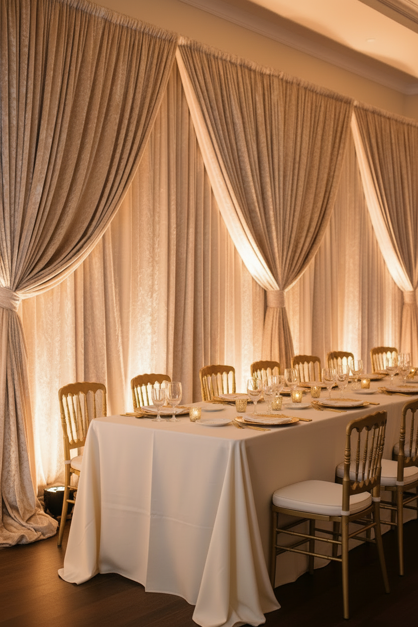 Velvet 18ft H x 52" W Drape/Backdrop Curtain Panel - Champagne on a double crossbar setup for wedding reception