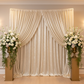 Velvet 18ft H x 52" W Drape/Backdrop Curtain Panel - Champagne for wedding reception with 2 gold vases and ivory floral arrangements
