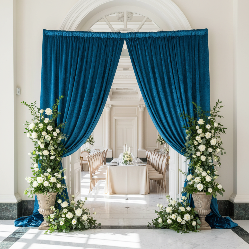 Velvet 18ft H x 52" W Drape/Backdrop Curtain Panel - Dark Teal for reception door entrance with ivory flower arrangement