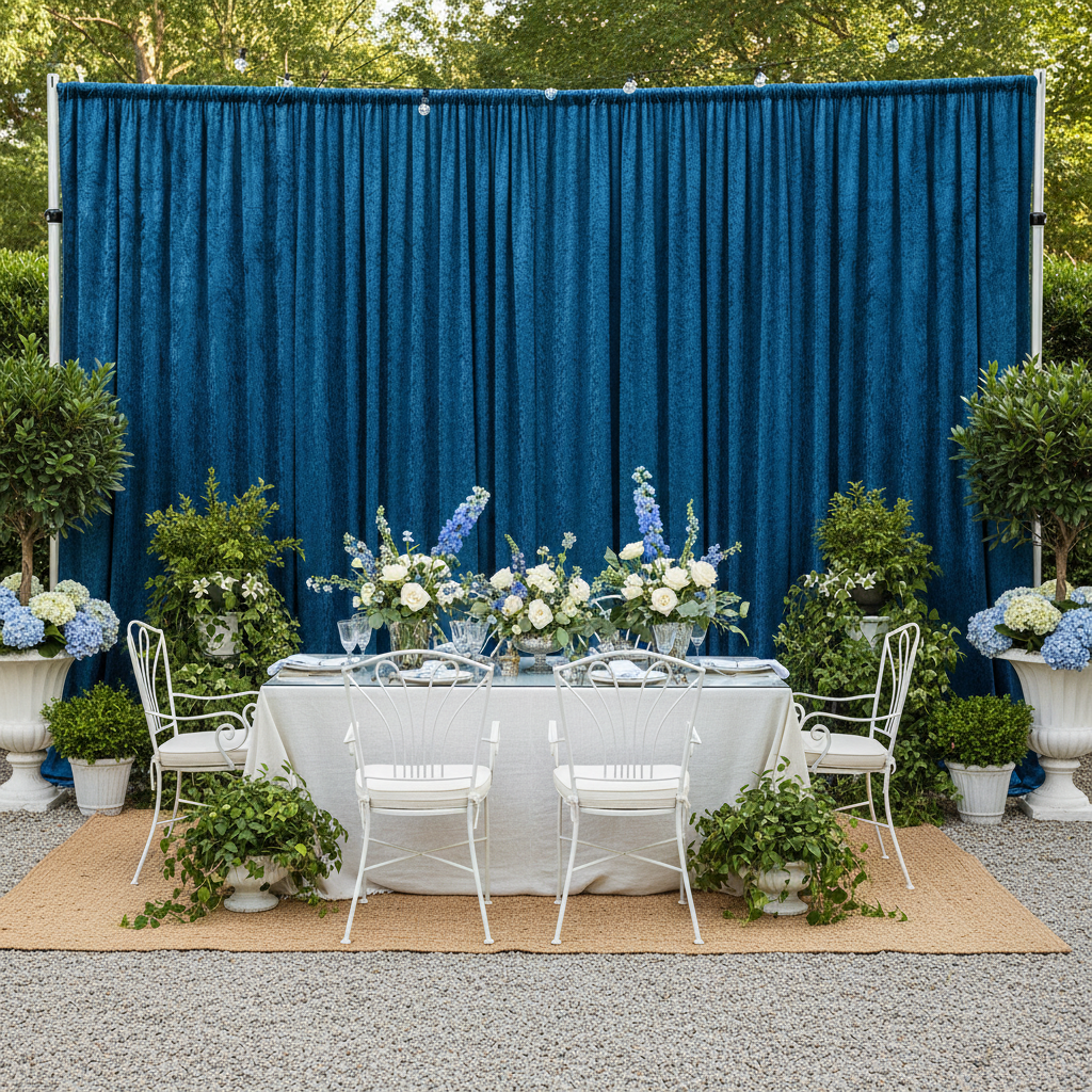 Velvet 18ft H x 52" W Drape/Backdrop Curtain Panel - Dark Teal for outdoor garden brunch party setup
