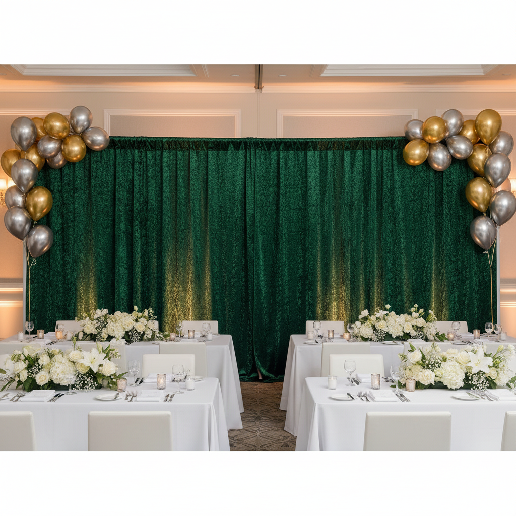 Velvet 18ft H x 52" W Drape/Backdrop Curtain Panel - Emerald Green with gold and silver balloons for indoor corporate party 