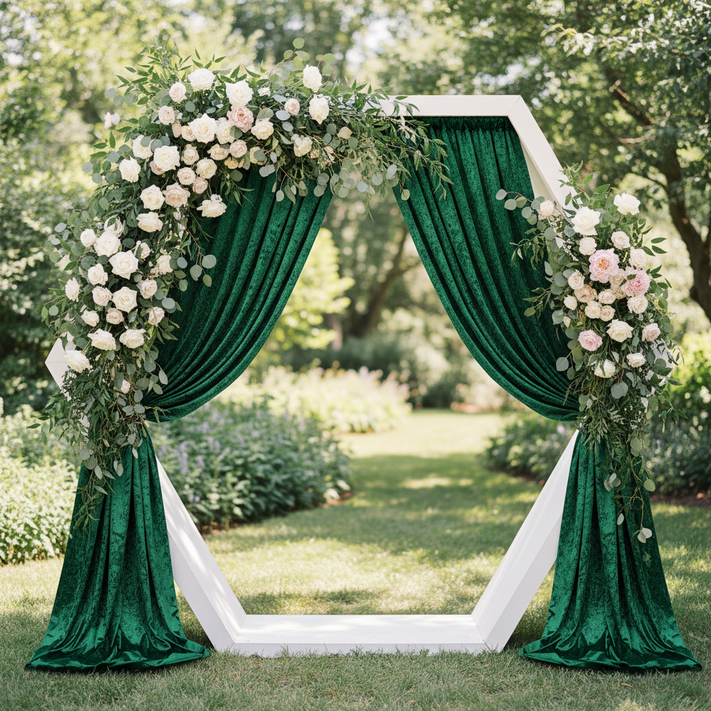 Velvet 18ft H x 52" W Drape/Backdrop Curtain Panel - Emerald Green used on hexagonal diy white arch for outdoor reception with pink floral premade runners