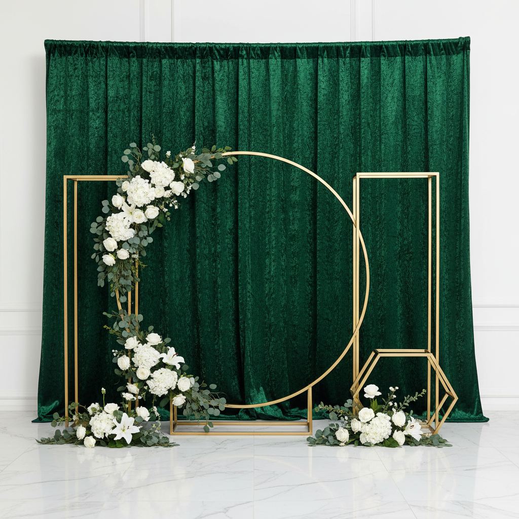 Velvet 18ft H x 52" W Drape/Backdrop Curtain Panel - Emerald Green for photo backdrop setup with geometrical gold arches and white orchids