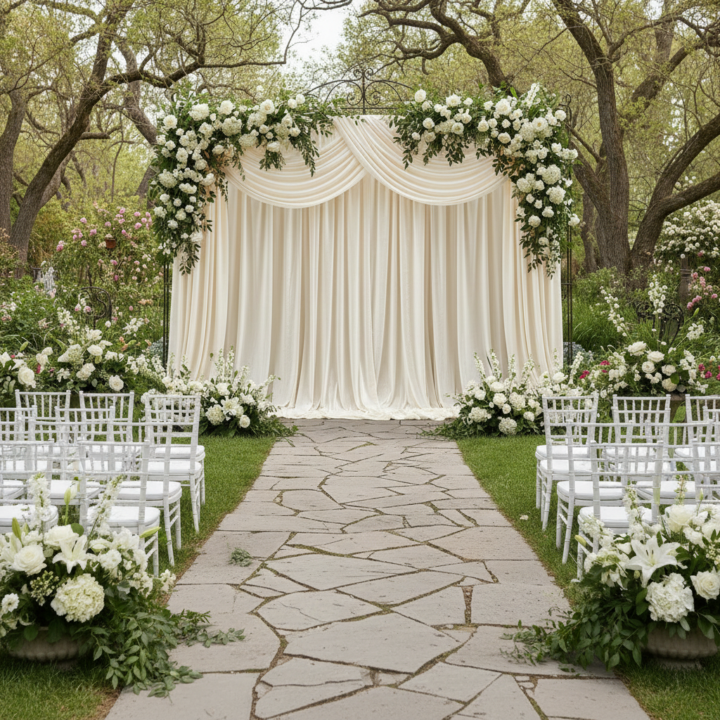 Velvet 18ft H x 52" W Drape/Backdrop Curtain Panel - Ivory for garden wedding ceremony with white premade floral runner
