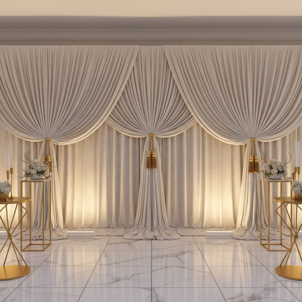 Velvet 18ft H x 52" W Drape/Backdrop Curtain Panel - Ivory with gold curtain rings for corporate gala 