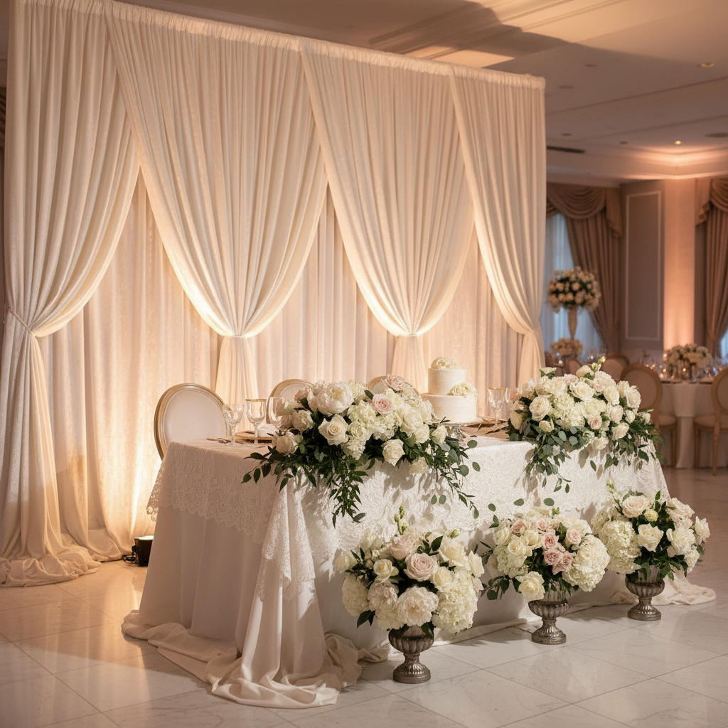 Velvet 18ft H x 52" W Drape/Backdrop Curtain Panel - Ivory for sweetheart table wedding reception