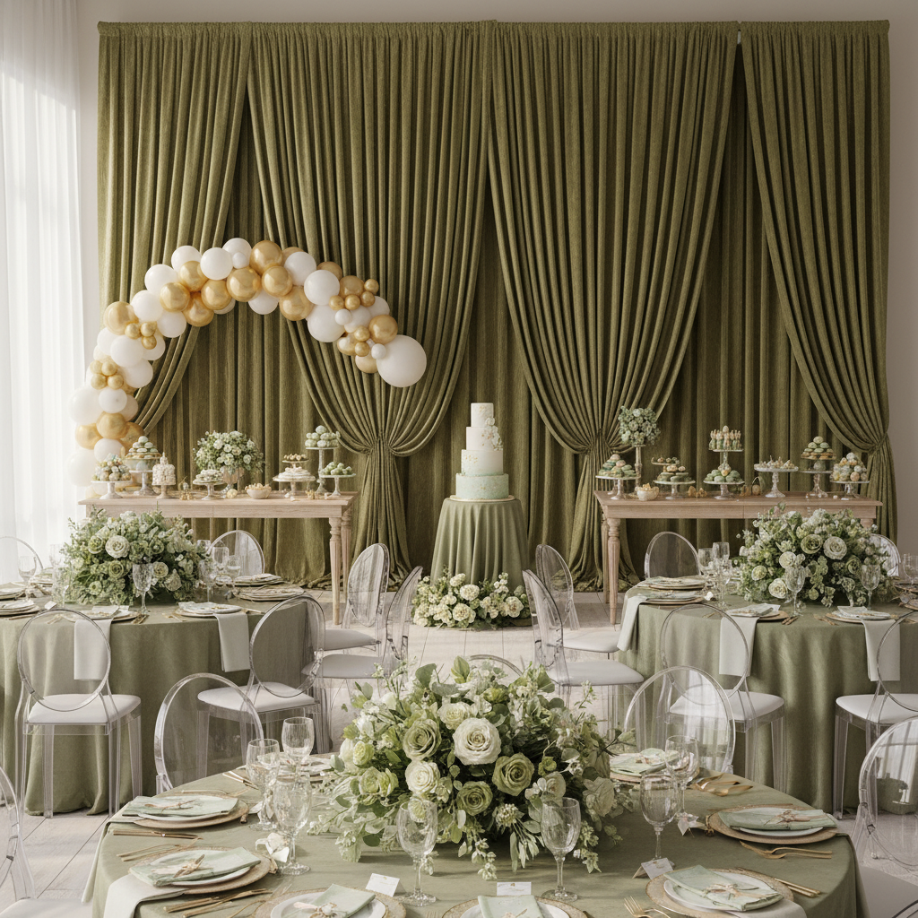 Velvet 18ft H x 52" W Drape/Backdrop Curtain Panel - Olive Green on a birhday reception 