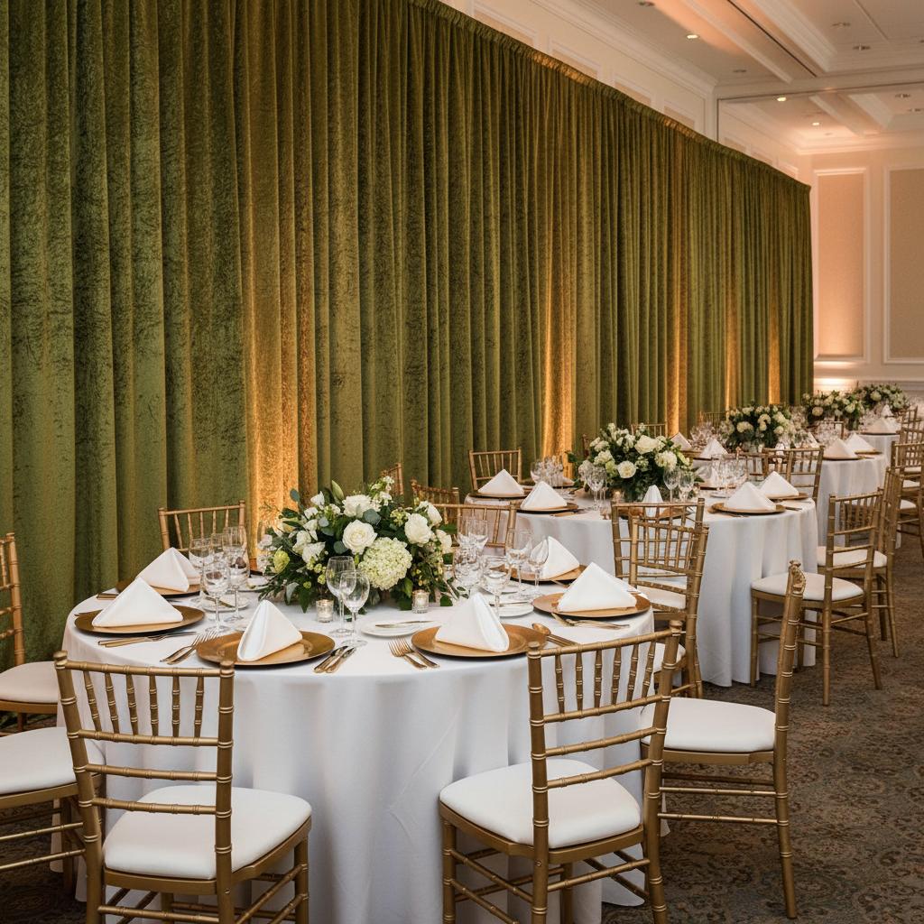 Velvet 18ft H x 52" W Drape/Backdrop Curtain Panel - Olive Green side view details used on a wedding reception