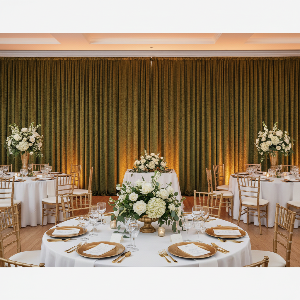 Velvet 18ft H x 52" W Drape/Backdrop Curtain Panel - Olive Green for white and gold wedding reception