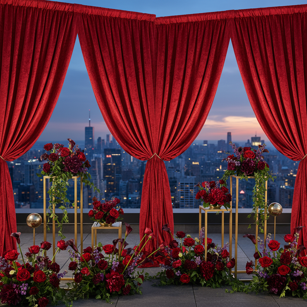 Velvet 18ft H x 52" W Drape/Backdrop Curtain Panel - Red for roof top outdoor skyline proposal