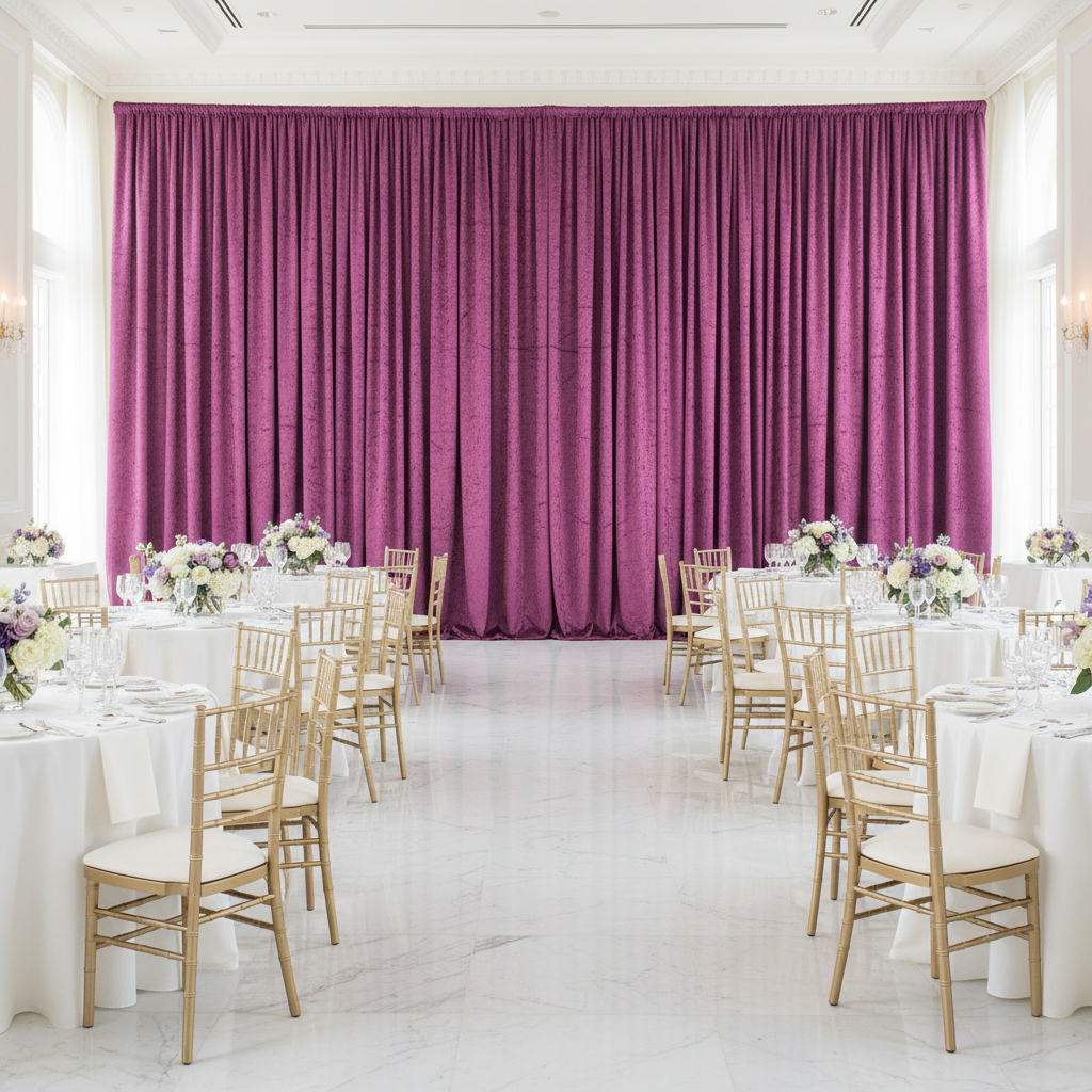 Velvet 18ft H x 52" W Drape/Backdrop Curtain Panel - Violet for an indoor wedding reception 
