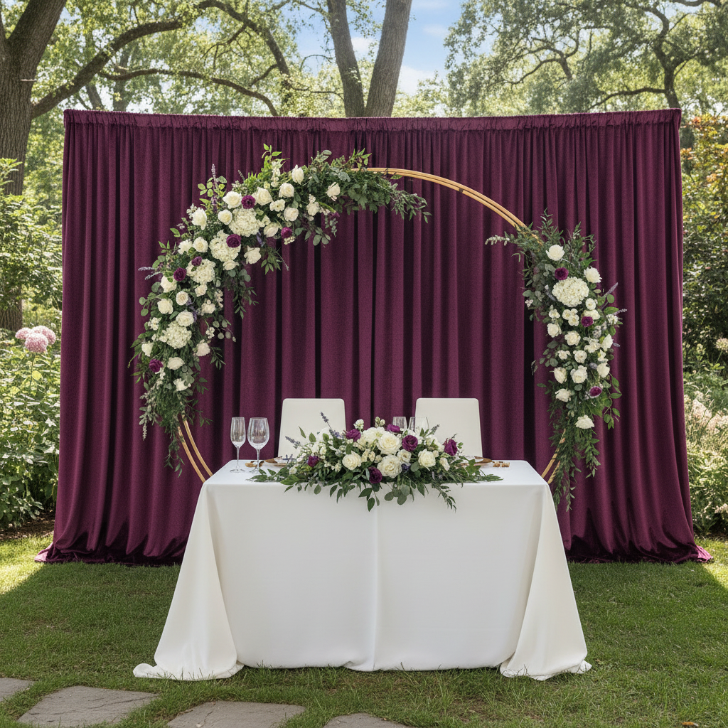 Velvet 18ft H x 52" W Drape/Backdrop Curtain Panel - Violet with circular diy arch  with white sweetheart table