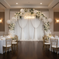 Velvet 18ft H x 52" W Drape/Backdrop Curtain Panel - White for corporate anniversary night with white, ivory balloon curved arch and celebrate neon sign