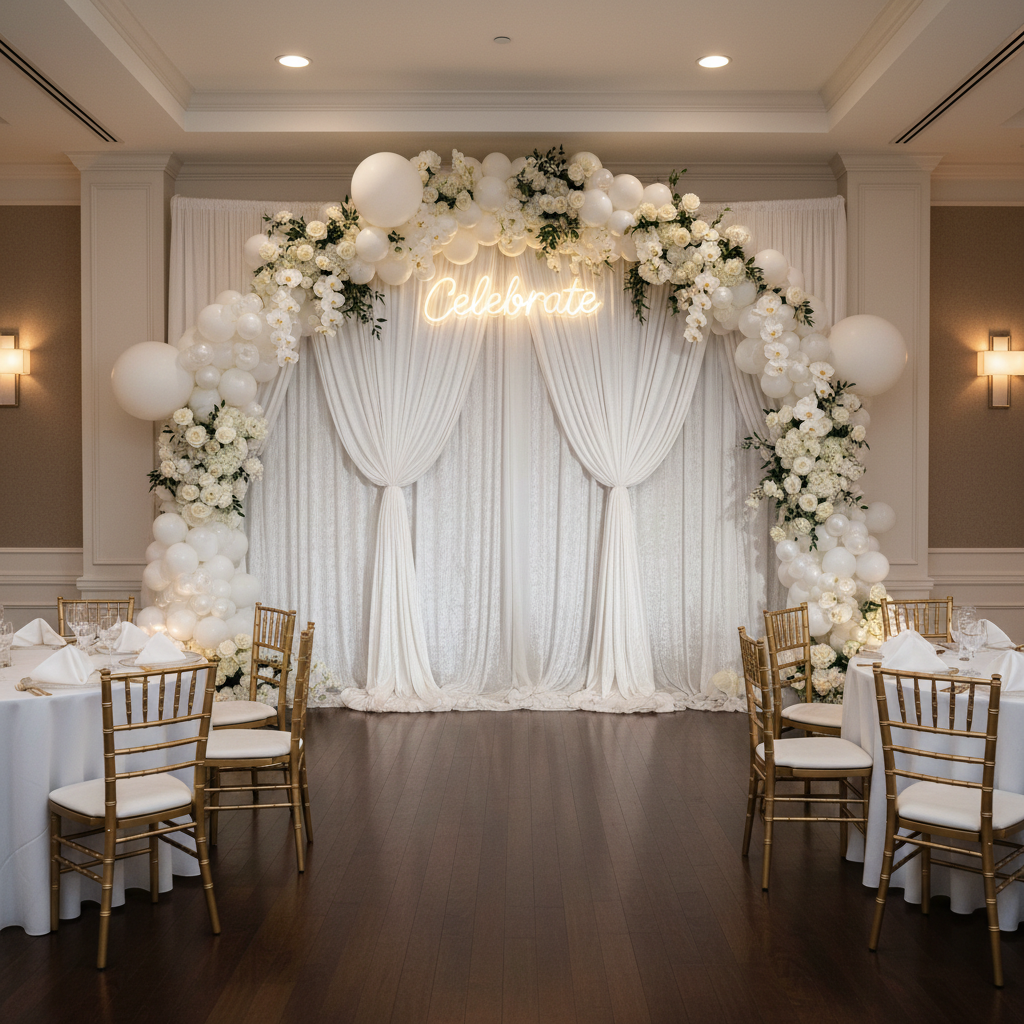Velvet 18ft H x 52" W Drape/Backdrop Curtain Panel - White for corporate anniversary night with white, ivory balloon curved arch and celebrate neon sign