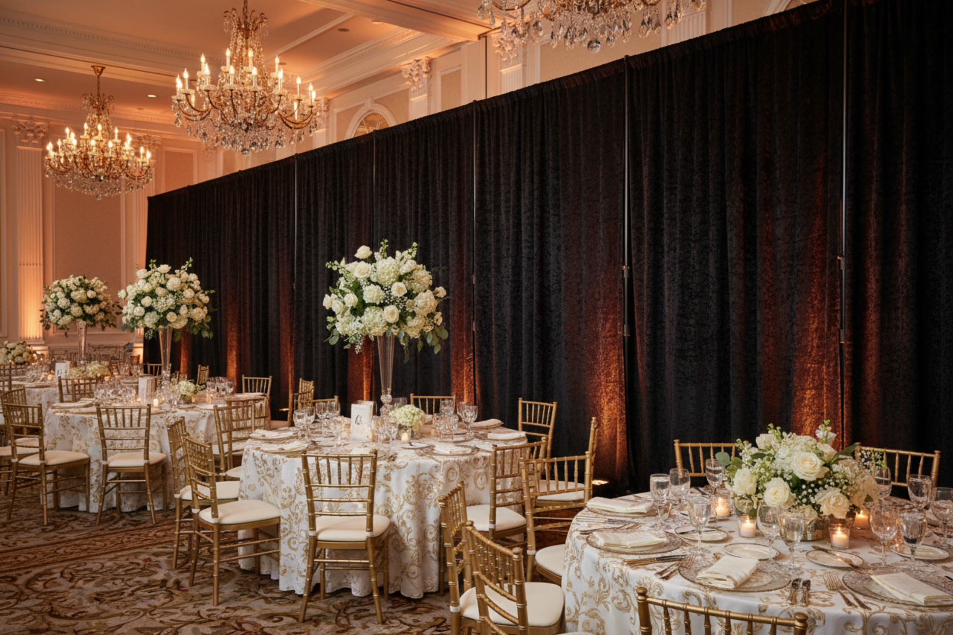 indoor gala dinner with Velvet 20ft H x 52" W Drape/Backdrop Curtain Panel - Black