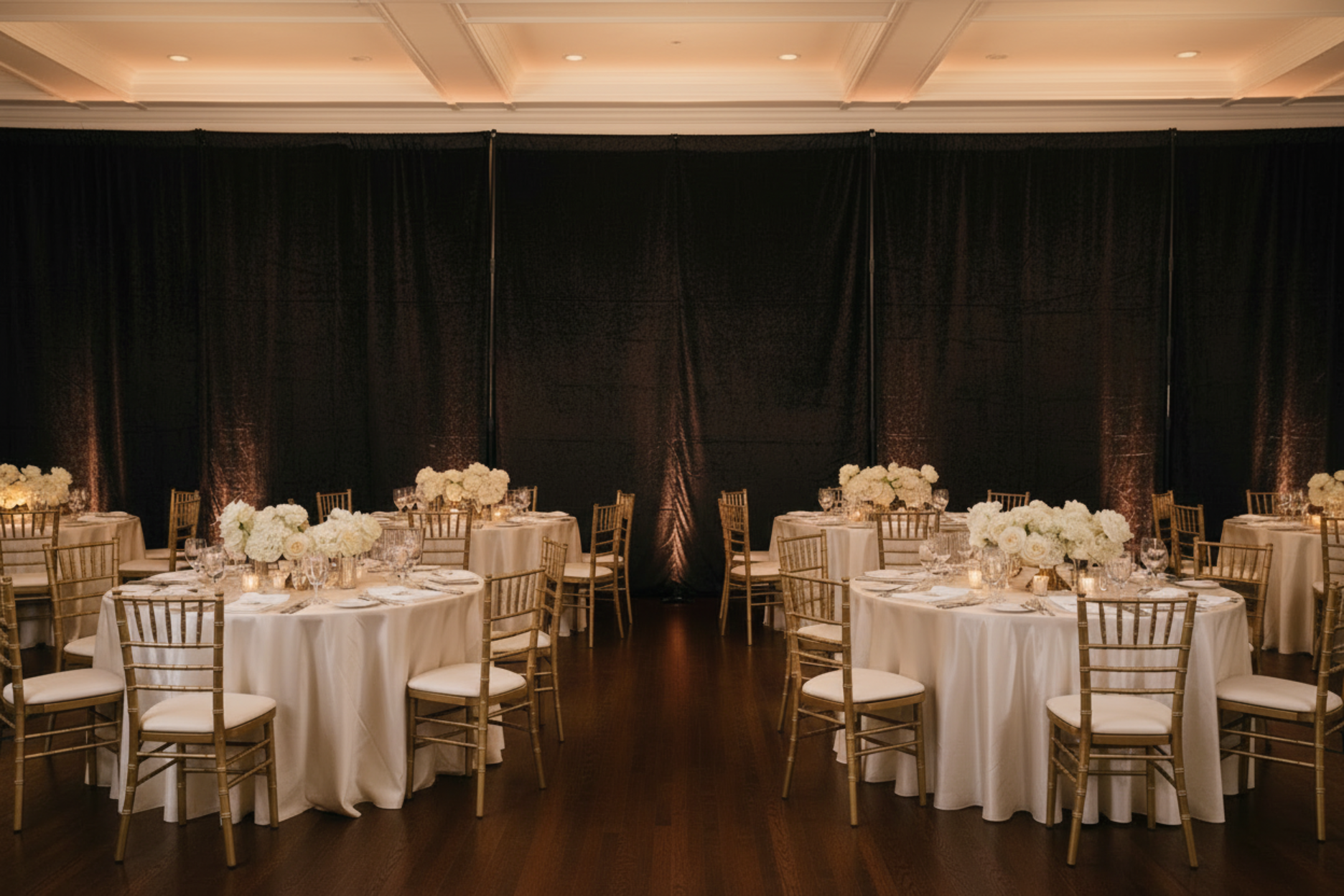 indoor luxury wedding with Velvet 20ft H x 52" W Drape/Backdrop Curtain Panel - Black