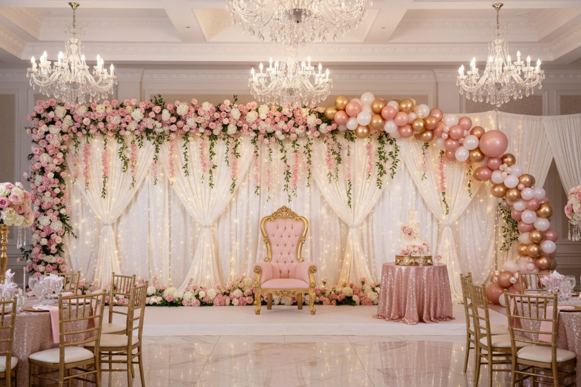quinceañera setup with Velvet 20ft H x 52" W Drape/Backdrop Curtain Panel - Ivory