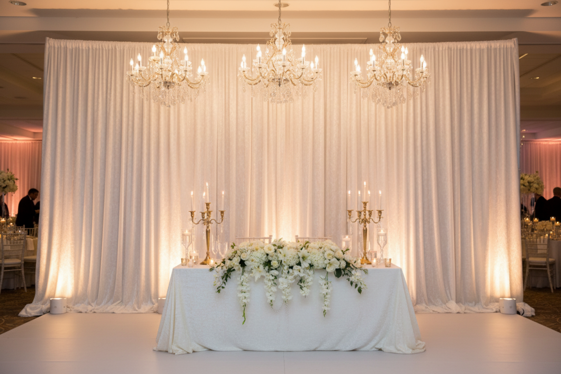 indoor wedding reception with Velvet 20ft H x 52" W Drape/Backdrop Curtain Panel - Ivory