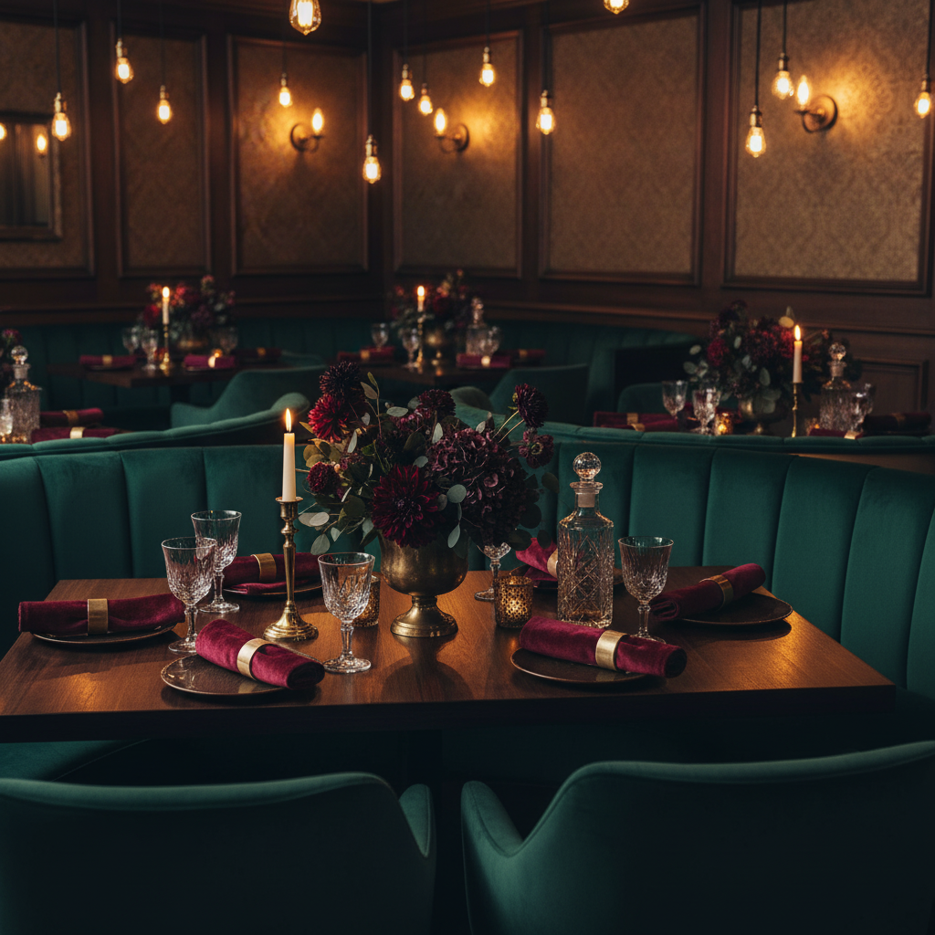 restaurant elegant dinner setup with Velvet 20"x20" Linen Napkin - Burgundy