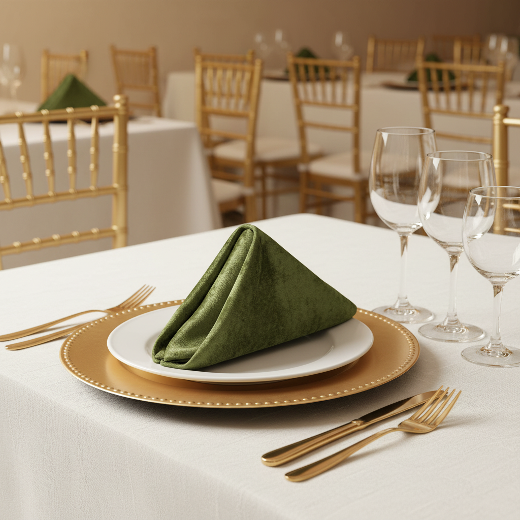 Velvet 20"x20" Linen Napkin - Dark Sage Green bishops hot fold on top of white cake plate and gold charger plate