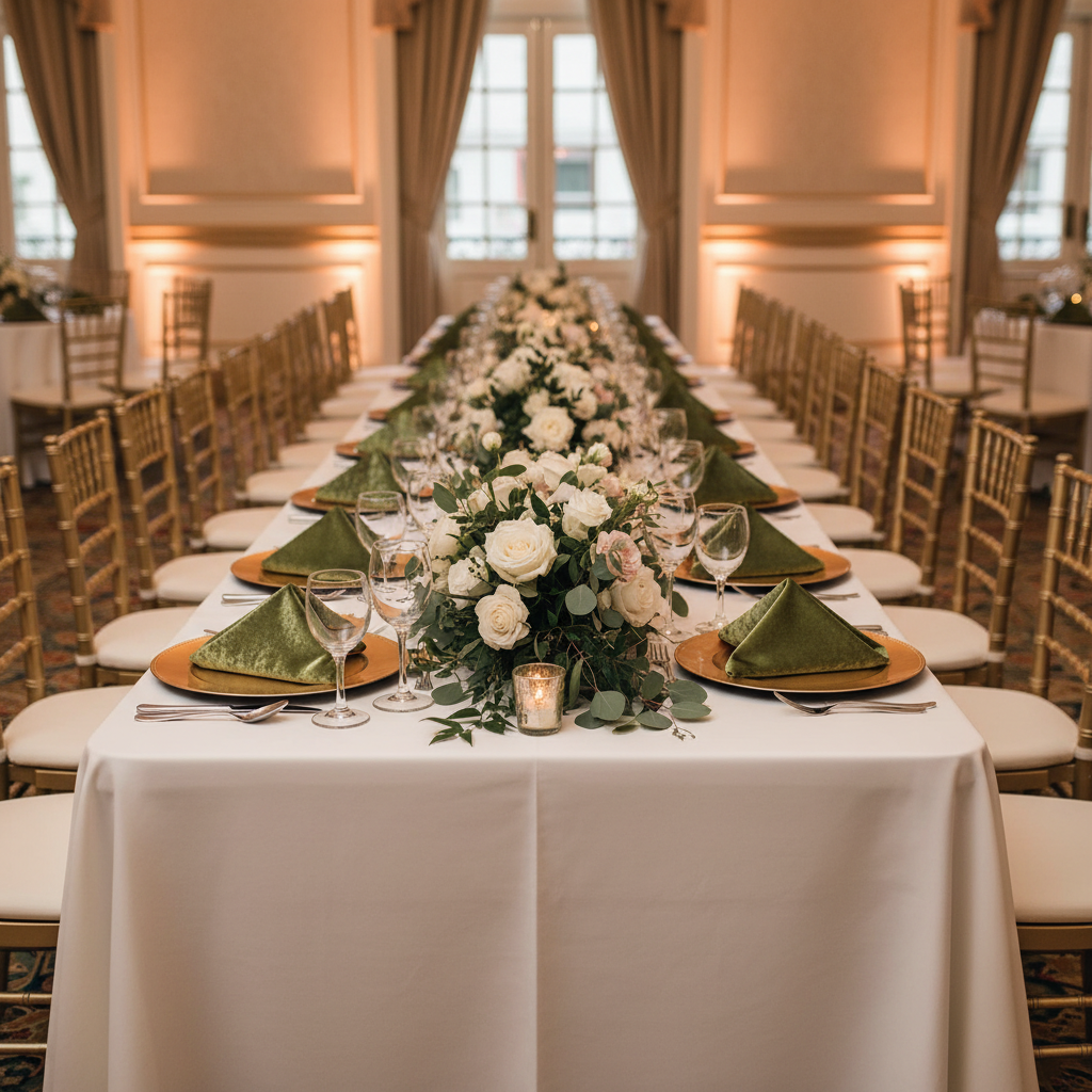 Velvet 20"x20" Linen Napkin - Dark Sage Green on top of white tablecloth and gold charger plate for elegant wedding reception