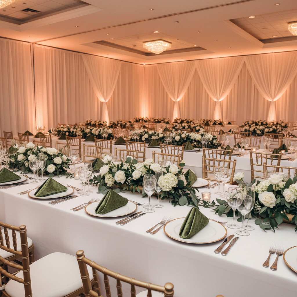 Velvet 20"x20" Linen Napkin - Dark Sage Green on top of white/gold trim charger plate and white tablecloth for wedding reception