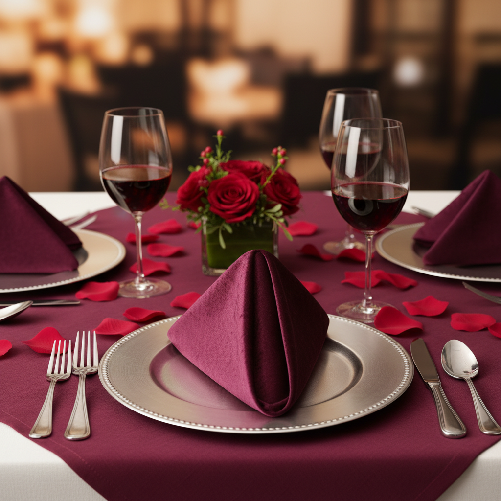 Velvet 20"x20" Linen Napkin - Mulberry on top of silver charger plate | burgundy overlay | wine glasses 