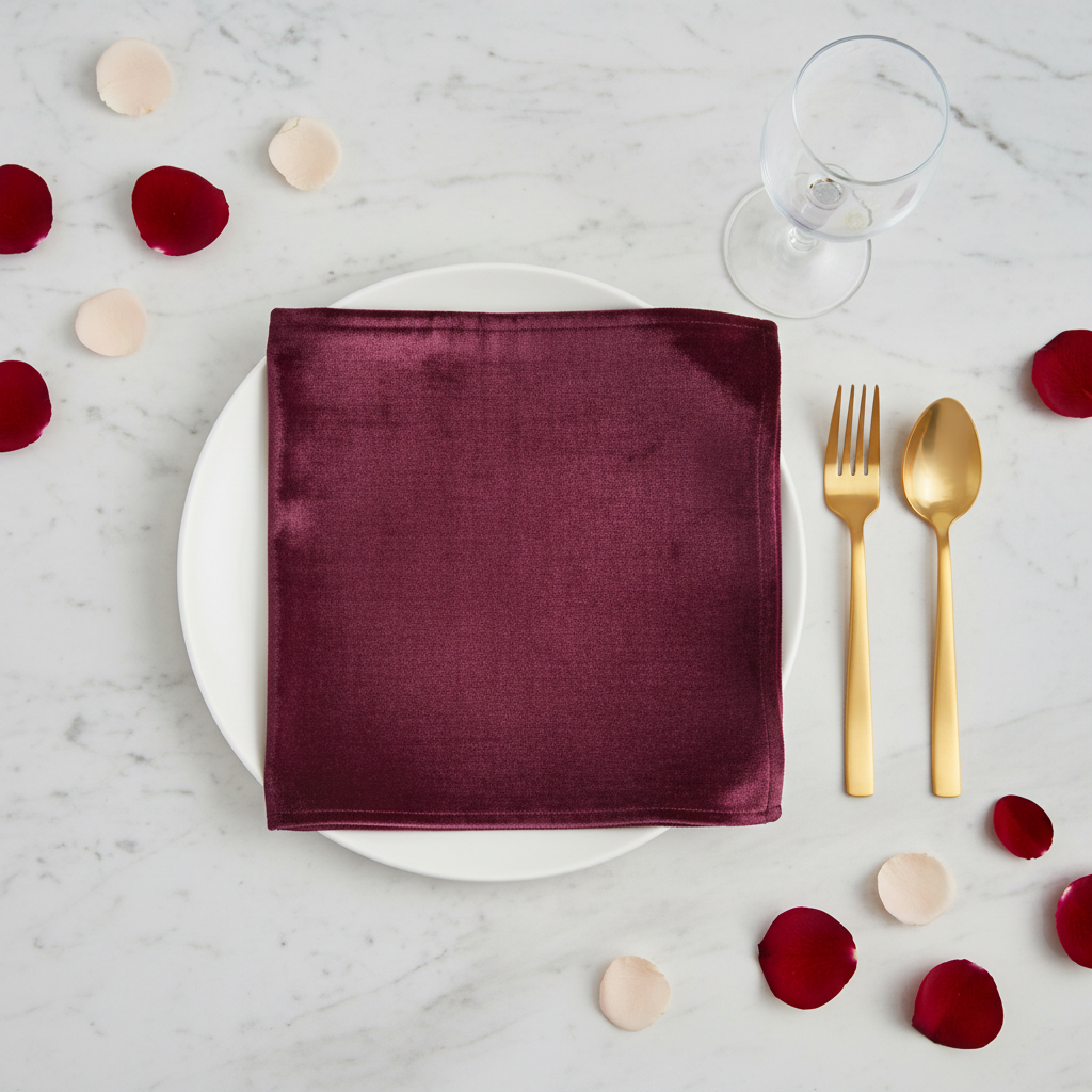 Velvet 20"x20" Linen Napkin - Mulberry on top of white dinner plate | 