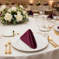 Velvet 20"x20" Linen Napkin - Mulberry on top of white dinner plate | white tablecloth 