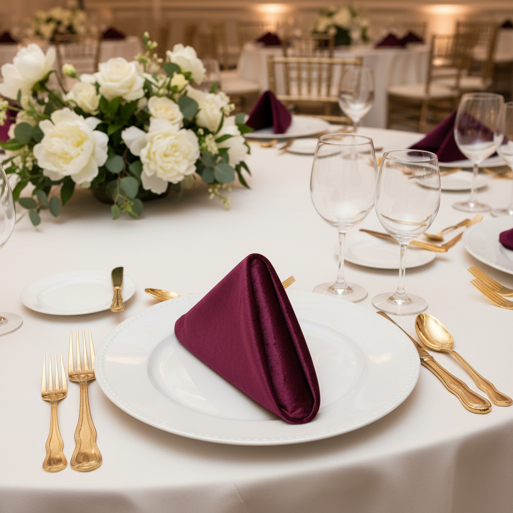 Velvet 20"x20" Linen Napkin - Mulberry on top of white dinner plate | white tablecloth 