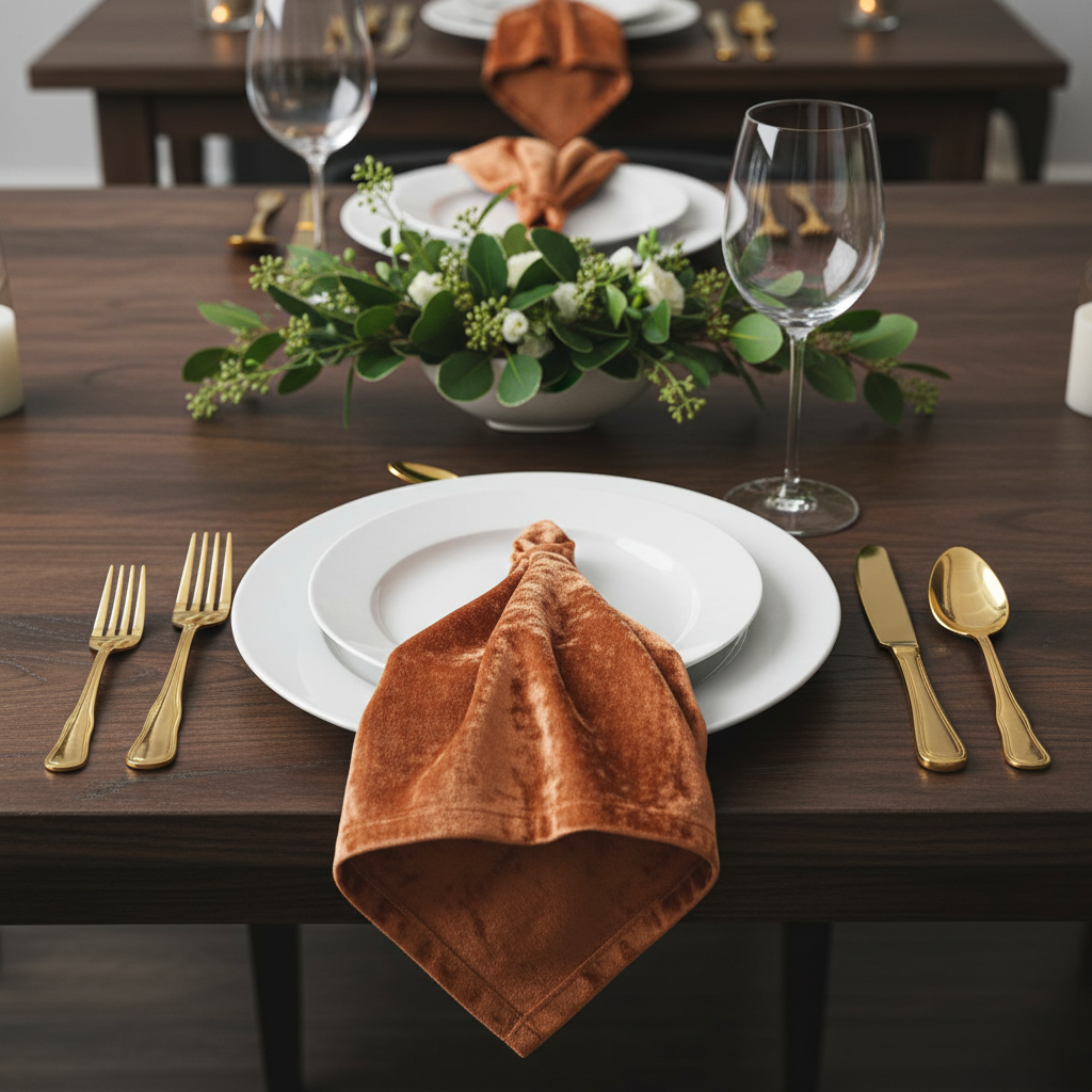 Velvet 20"x20" Linen Napkin - Rust | charger plate | wine goblets | 