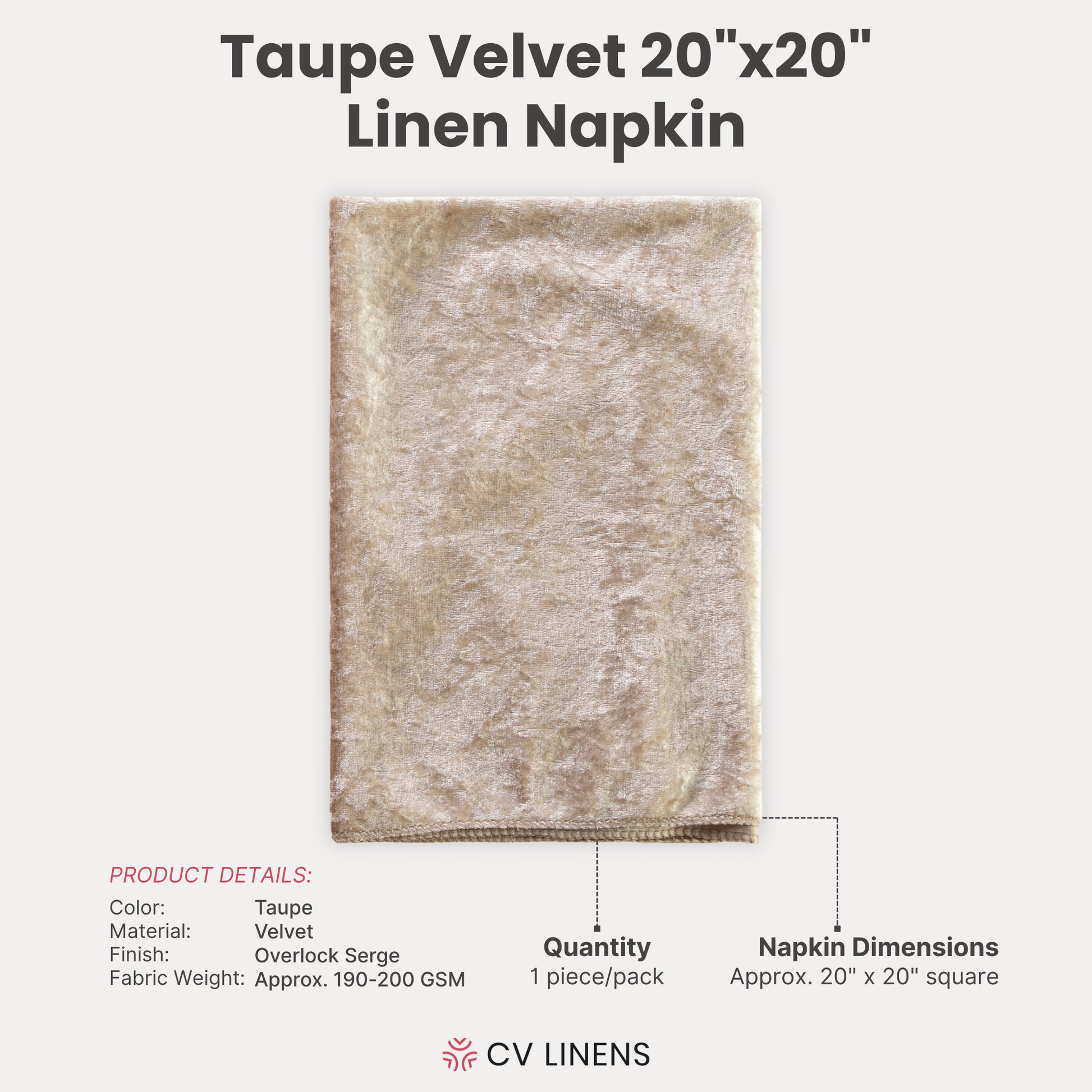 Velvet 20"x20" Linen Napkin Taupe infographic showing product dimensions