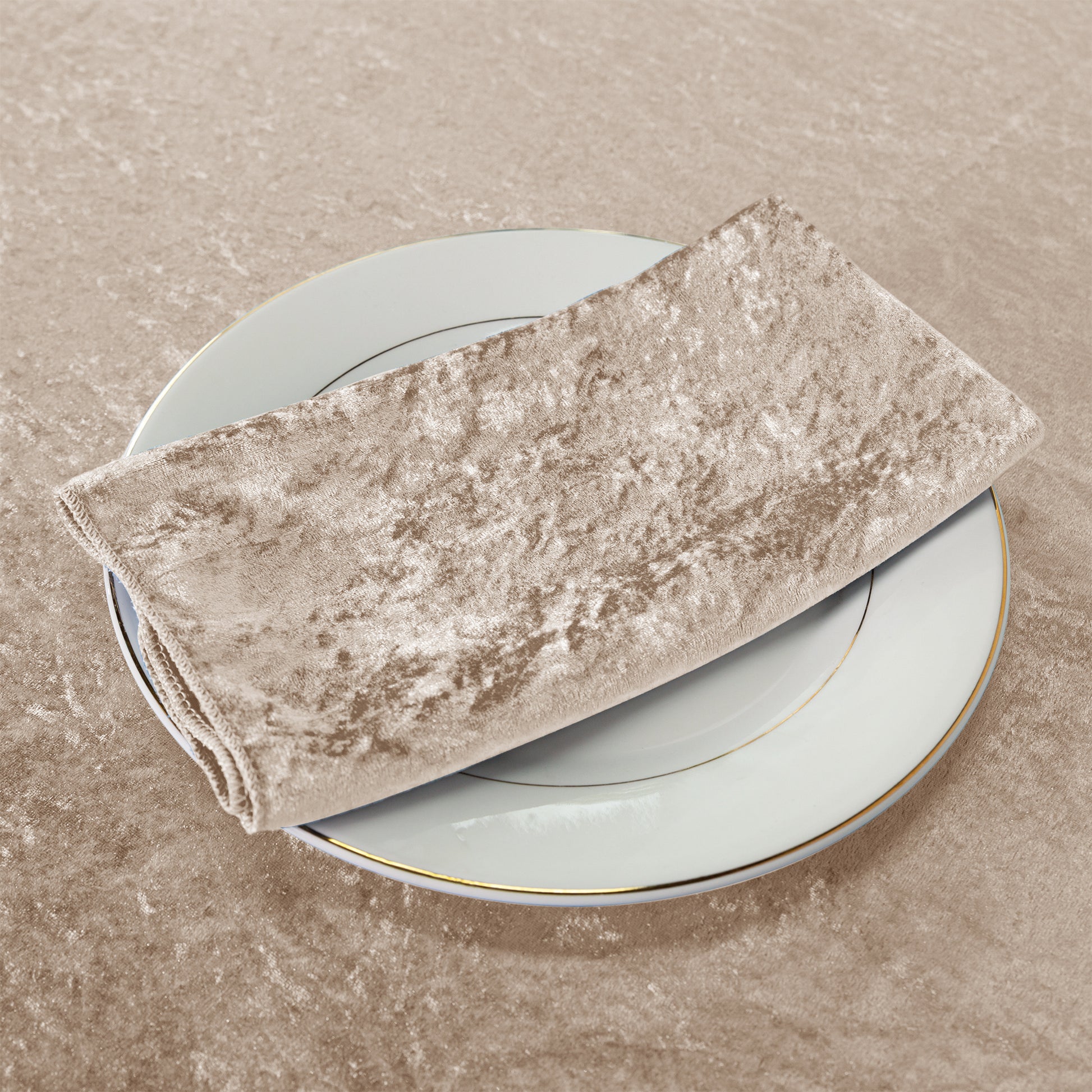Velvet 20"x20" Linen Napkin Taupe paired witha  white charger plate and Velvet Taupe tablecloth
