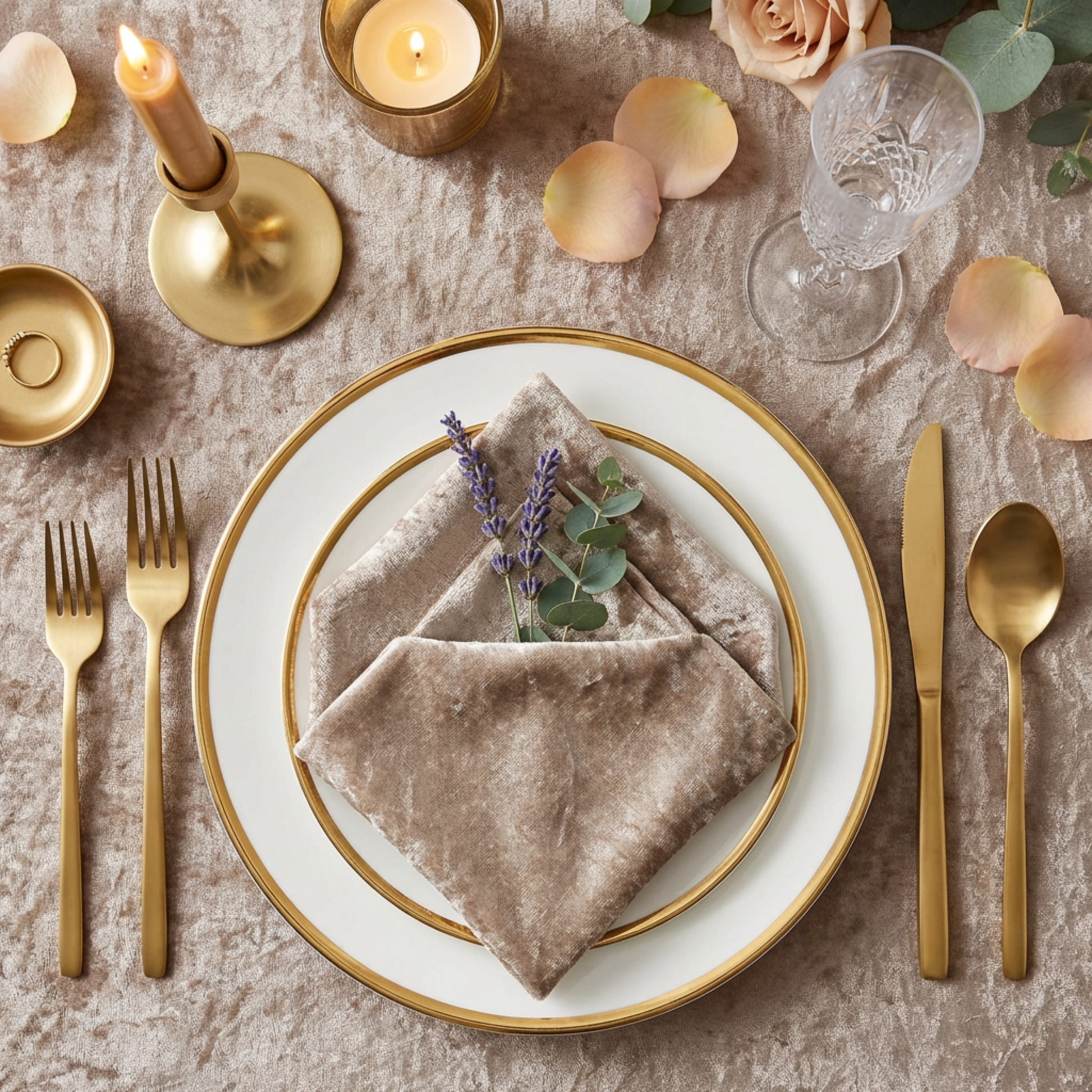 Velvet 20"x20" Linen Napkin Taupe folded on top a white/gold trim dinner plate, gold silverware, rose petals and tapered candles