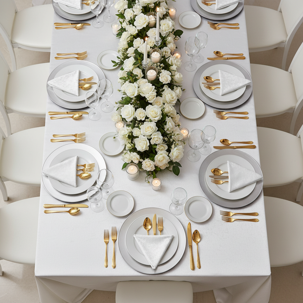 top view wedding reception with Velvet 20"x20" Linen Napkin - White