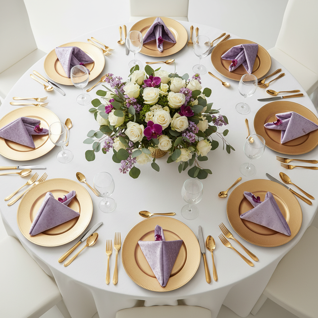 top view table setup with Velvet 20"x20" Linen Napkin - Wisteria