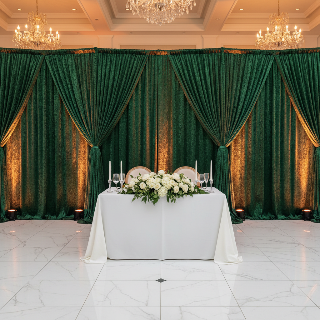 luxury wedding reception with Velvet 8ft H x 52" W Drape/Backdrop Curtain Panel - Emerald Green