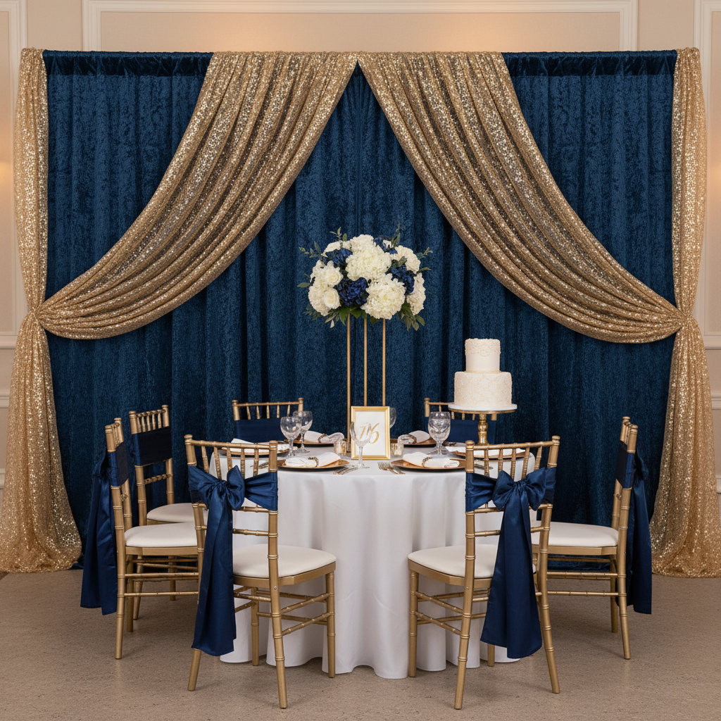 Velvet 8ft H x 52" W Drape/Backdrop Curtain Panel - Navy Blue with glitz mesh drape | white tablecloth | gold chiavari | navy blue sash |