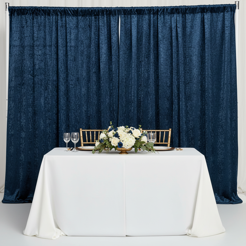 Velvet 8ft H x 52" W Drape/Backdrop Curtain Panel - Navy Blue with white tablecloth | gold chiavari | white dinner plate |