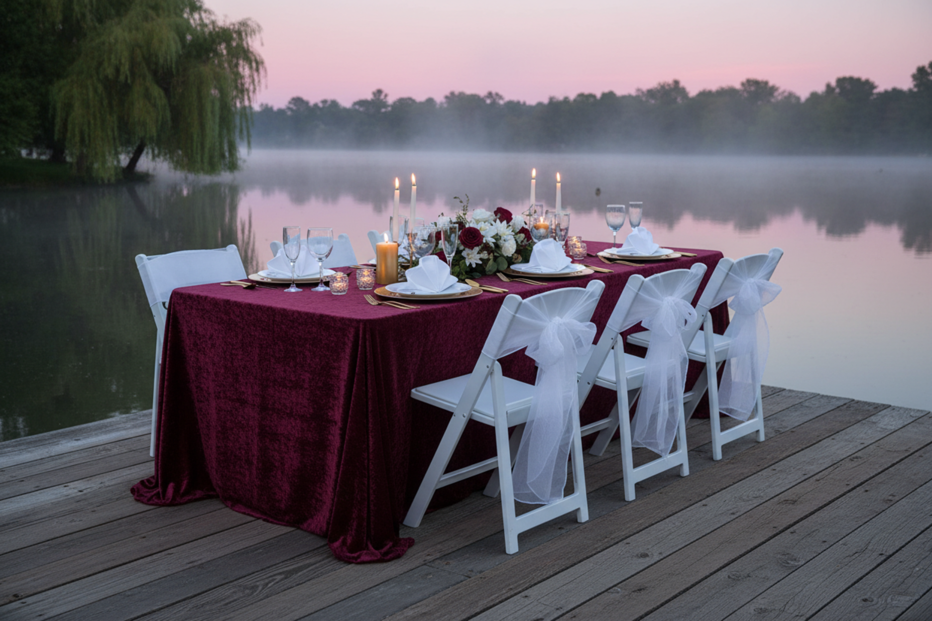 lakeside dinner with Velvet 90"x132" Rectangular Tablecloth - Cabernet