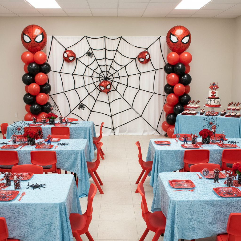 spider man birthday setup with Velvet 90"x156" Rectangular Tablecloth - Baby Blue
