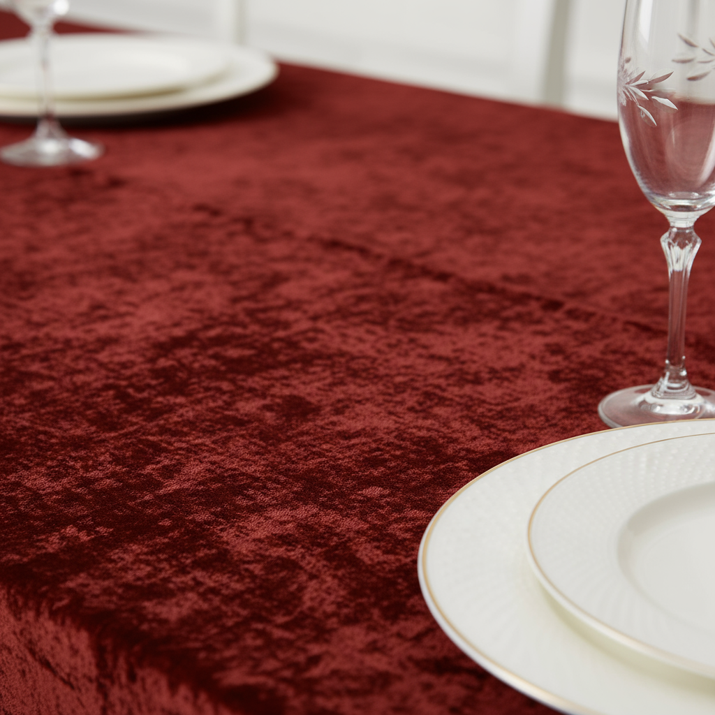 Velvet 90"x132" Rectangular Tablecloth Apple Red close up with charger plate and glass goblet