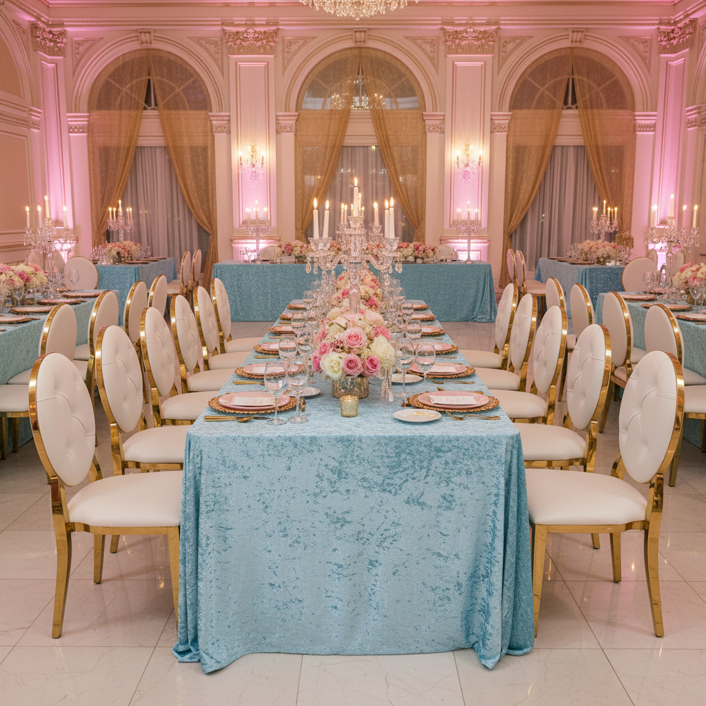 quinceañera banquet with Velvet 90"x132" Rectangular Tablecloth - Baby Blue